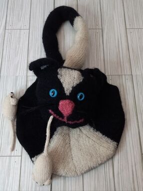 Kitschy Whimsy Handmade Tuxedo Cat & Mouse Maximalist Knit Felted Hand Purse Bag